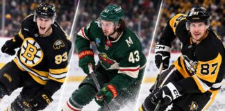 Three-way split image featuring NHL stars in action, with a Boston Bruins player, a Minnesota Wild player, and a Pittsburgh Penguins player representing the latest NHL news and trade rumors.