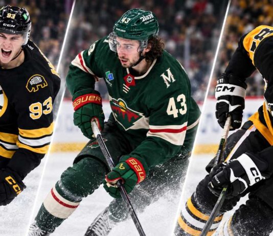 NHL News Today: Fraser Minten Signs Big Bruins Deal as Crosby, Hughes and Hellebuyck Dominate Headlines Three-way split image featuring NHL stars in action, with a Boston Bruins player, a Minnesota Wild player, and a Pittsburgh Penguins player representing the latest NHL news and trade rumors.