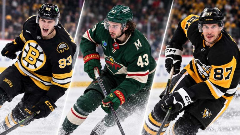 Three-way split image featuring NHL stars in action, with a Boston Bruins player, a Minnesota Wild player, and a Pittsburgh Penguins player representing the latest NHL news and trade rumors.