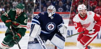Split image featuring Quinn Hughes, Connor Hellebuyck and Alex DeBrincat as the latest NHL News and NHL trade rumors heat up before training camp.