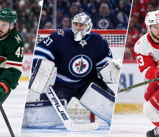 NHL News Today: DeBrincat, Hellebuyck, Hughes and Barkov Updates Split image featuring Quinn Hughes, Connor Hellebuyck and Alex DeBrincat as the latest NHL News and NHL trade rumors heat up before training camp.