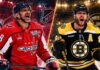Split image of Washington Capitals and Boston Bruins star forwards facing off in a fantasy hockey prediction graphic for the September 20, 2026 preseason matchup.