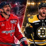 Split image of Washington Capitals and Boston Bruins star forwards facing off in a fantasy hockey prediction graphic for the September 20, 2026 preseason matchup.