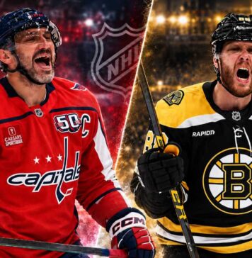 Split image of Washington Capitals and Boston Bruins star forwards facing off in a fantasy hockey prediction graphic for the September 20, 2026 preseason matchup.