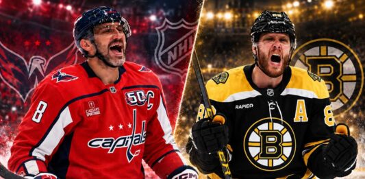 Split image of Washington Capitals and Boston Bruins star forwards facing off in a fantasy hockey prediction graphic for the September 20, 2026 preseason matchup.