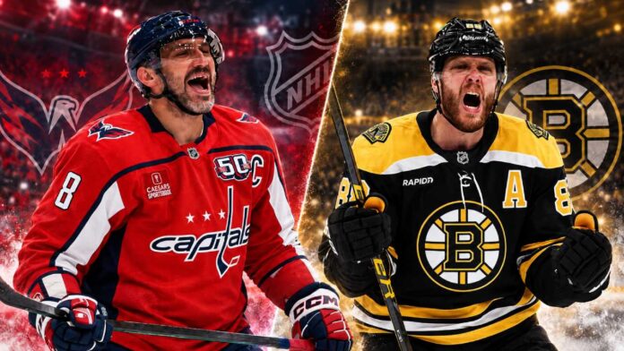 ovechkin-pastrnak-capitals-bruins-fantasy-prediction Split image of Washington Capitals and Boston Bruins star forwards facing off in a fantasy hockey prediction graphic for the September 20, 2026 preseason matchup.