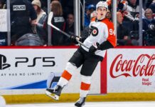 Porter Martone Philadelphia Flyers 2026-27 fantasy hockey projection with PS5 and Coca-Cola rink board ads