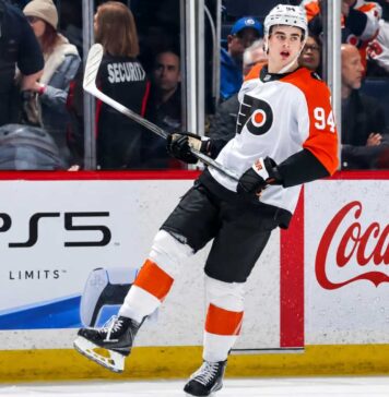 Porter Martone Fantasy Hockey Projection: Can He Reach 70 Points? Porter Martone Philadelphia Flyers 2026-27 fantasy hockey projection with PS5 and Coca-Cola rink board ads