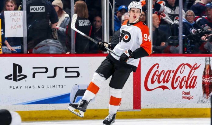 Porter Martone Philadelphia Flyers 2026-27 fantasy hockey projection with PS5 and Coca-Cola rink board ads
