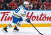 Robert Thomas Fantasy Hockey Projection: Is a 90-Point Season Coming With the Blues? Robert Thomas skating for the St. Louis Blues during a game against the Chicago Blackhawks ahead of his 2026-27 fantasy hockey projection.