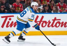 Robert Thomas skating for the St. Louis Blues during a game against the Chicago Blackhawks ahead of his 2026-27 fantasy hockey projection.