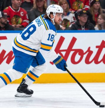 Robert Thomas skating for the St. Louis Blues during a game against the Chicago Blackhawks ahead of his 2026-27 fantasy hockey projection.