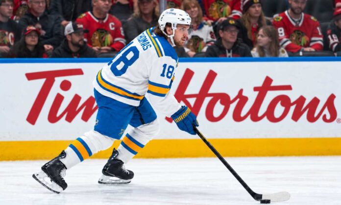 robert-thomas-st-louis-blues-fantasy-hockey-2026-27 Robert Thomas skating for the St. Louis Blues during a game against the Chicago Blackhawks ahead of his 2026-27 fantasy hockey projection.