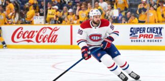 Ryan O’Reilly in a Montreal Canadiens away jersey amid trade rumors linking the Nashville Predators center to Montreal.