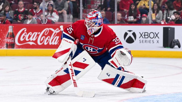 samuel-montembeault-montreal-canadiens-trade-rumors-preseason Samuel Montembeault of the Montreal Canadiens in a ready stance during preseason action as trade rumors build around the Canadiens goaltender.