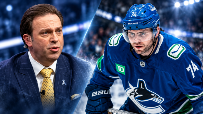 Hockey Rumours_ Analyst Meets Canucks Forward Split image of NHL insider Elliotte Friedman and Vancouver Canucks forward Jake DeBrusk amid October 2026 NHL trade rumors.