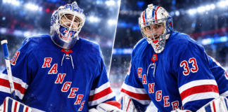 NHL News Today: Rangers Face Shesterkin Trade Decision as Duchene Injury and Larkin Rumors Heat Up Igor Shesterkin and Dylan Garand in New York Rangers jerseys featured in October 12, 2026 NHL news and trade rumors coverage.