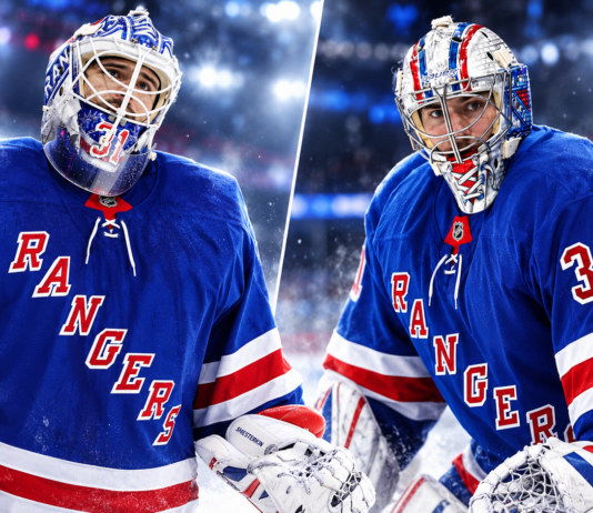 Igor Shesterkin and Dylan Garand in New York Rangers jerseys featured in October 12, 2026 NHL news and trade rumors coverage.