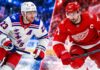 New York Rangers vs. Detroit Red Wings Fantasy Hockey Prediction: Players to Watch, Score Pick & How to Watch Adam Fox and Dylan Larkin featured in a split image for the New York Rangers vs. Detroit Red Wings fantasy hockey prediction.