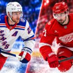 Adam Fox and Dylan Larkin featured in a split image for the New York Rangers vs. Detroit Red Wings fantasy hockey prediction.