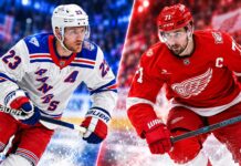 New York Rangers vs. Detroit Red Wings Fantasy Hockey Prediction: Players to Watch, Score Pick & How to Watch Adam Fox and Dylan Larkin featured in a split image for the New York Rangers vs. Detroit Red Wings fantasy hockey prediction.