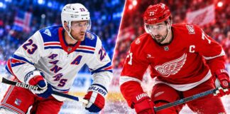 Adam Fox and Dylan Larkin featured in a split image for the New York Rangers vs. Detroit Red Wings fantasy hockey prediction.