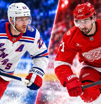Adam Fox and Dylan Larkin featured in a split image for the New York Rangers vs. Detroit Red Wings fantasy hockey prediction.