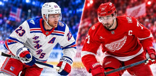 Adam Fox and Dylan Larkin featured in a split image for the New York Rangers vs. Detroit Red Wings fantasy hockey prediction.