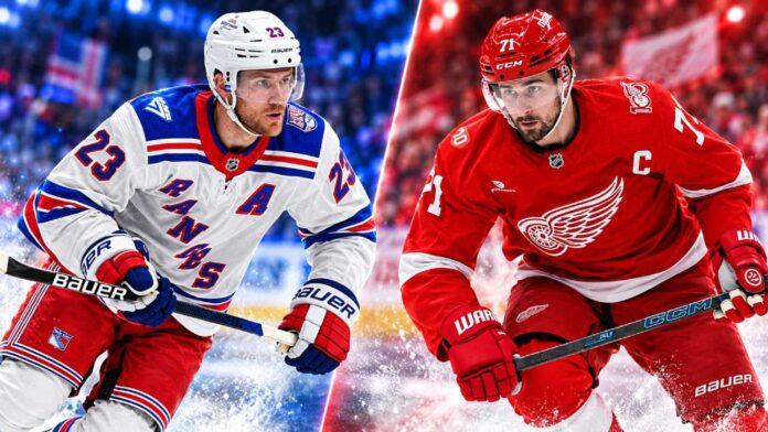 Adam Fox and Dylan Larkin featured in a split image for the New York Rangers vs. Detroit Red Wings fantasy hockey prediction.