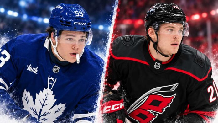 alexander-nikishin-maple-leafs-hurricanes-trade-rumors-2026 Easton Cowan of the Toronto Maple Leafs and Alexander Nikishin of the Carolina Hurricanes featured in NHL trade rumors involving a potential blockbuster deal.