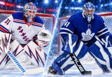 Split image of New York Rangers goalie Igor Shesterkin and Toronto Maple Leafs goalie Anthony Stolarz amid NHL trade rumors following the Rangers' 7-1 loss to the New Jersey Devils.