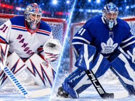 Split image of New York Rangers goalie Igor Shesterkin and Toronto Maple Leafs goalie Anthony Stolarz amid NHL trade rumors following the Rangers' 7-1 loss to the New Jersey Devils.