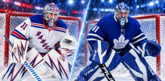 Split image of New York Rangers goalie Igor Shesterkin and Toronto Maple Leafs goalie Anthony Stolarz amid NHL trade rumors following the Rangers' 7-1 loss to the New Jersey Devils.