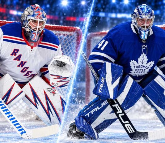 Split image of New York Rangers goalie Igor Shesterkin and Toronto Maple Leafs goalie Anthony Stolarz amid NHL trade rumors following the Rangers' 7-1 loss to the New Jersey Devils.