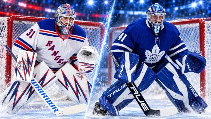 anthony-stolarz-rangers-maple-leafs-trade-rumors-2026 Split image of New York Rangers goalie Igor Shesterkin and Toronto Maple Leafs goalie Anthony Stolarz amid NHL trade rumors following the Rangers' 7-1 loss to the New Jersey Devils.