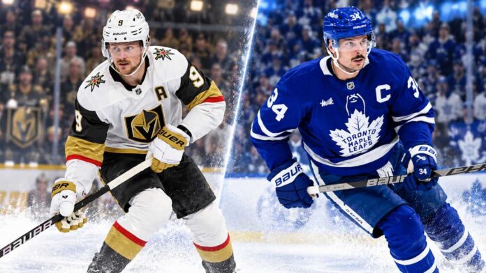 auston-matthews-jack-eichel-maple-leafs-golden-knights Jack Eichel of the Vegas Golden Knights and Auston Matthews of the Toronto Maple Leafs featured in an NHL fantasy hockey prediction matchup for October 8, 2026.