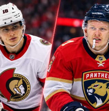 Tim Stützle in an Ottawa Senators jersey alongside Brady Tkachuk in a Florida Panthers jersey ahead of their October 21, 2026, NHL matchup and fantasy hockey prediction.