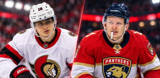 Tim Stützle in an Ottawa Senators jersey alongside Brady Tkachuk in a Florida Panthers jersey ahead of their October 21, 2026, NHL matchup and fantasy hockey prediction.