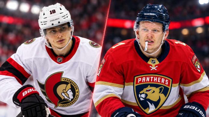 brady-tkachuk-tim-stutzle-panthers-senators Tim Stützle in an Ottawa Senators jersey alongside Brady Tkachuk in a Florida Panthers jersey ahead of their October 21, 2026, NHL matchup and fantasy hockey prediction.