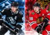 Clayton Keller and Connor Bedard featured in a split image for the Utah Mammoth vs. Chicago Blackhawks fantasy hockey prediction.