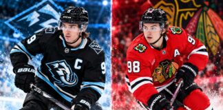 Clayton Keller and Connor Bedard featured in a split image for the Utah Mammoth vs. Chicago Blackhawks fantasy hockey prediction.