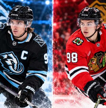 Clayton Keller and Connor Bedard featured in a split image for the Utah Mammoth vs. Chicago Blackhawks fantasy hockey prediction.