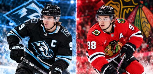 Clayton Keller and Connor Bedard featured in a split image for the Utah Mammoth vs. Chicago Blackhawks fantasy hockey prediction.