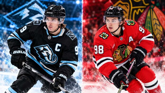 clayton-keller-connor-bedard-blackhawks-mammoth-fantasy Clayton Keller and Connor Bedard featured in a split image for the Utah Mammoth vs. Chicago Blackhawks fantasy hockey prediction.