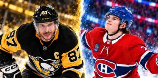 Sidney Crosby and Cole Caufield featured in a split image for the Montreal Canadiens vs. Pittsburgh Penguins fantasy hockey prediction.