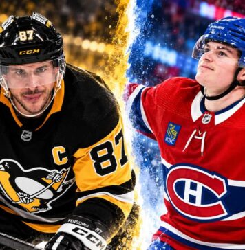Sidney Crosby and Cole Caufield featured in a split image for the Montreal Canadiens vs. Pittsburgh Penguins fantasy hockey prediction.