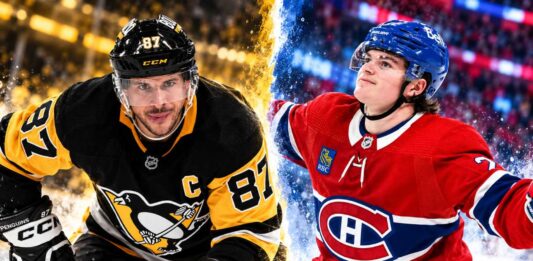 Sidney Crosby and Cole Caufield featured in a split image for the Montreal Canadiens vs. Pittsburgh Penguins fantasy hockey prediction.
