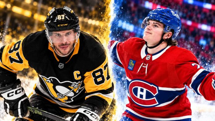 cole-caufield-sidney-crosby-canadiens-penguins-fantasy Sidney Crosby and Cole Caufield featured in a split image for the Montreal Canadiens vs. Pittsburgh Penguins fantasy hockey prediction.