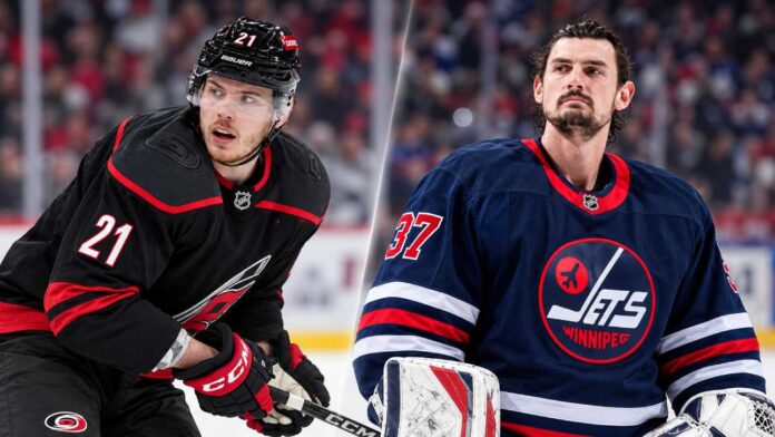 connor-hellebuyck-carolina-hurricanes-winnipeg-jets-trade-rumors-2026 Alexander Nikishin of the Carolina Hurricanes and Connor Hellebuyck of the Winnipeg Jets featured in NHL trade rumors surrounding Carolina's revised offer for the star goaltender.