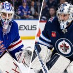 Connor Hellebuyck to Rangers? Shesterkin Injury Sparks Blockbuster Trade Questions New York Rangers goalie Igor Shesterkin and Winnipeg Jets goalie Connor Hellebuyck in a split image highlighting NHL trade rumors following Shesterkin's season-ending injury and speculation about a potential Rangers blockbuster trade.